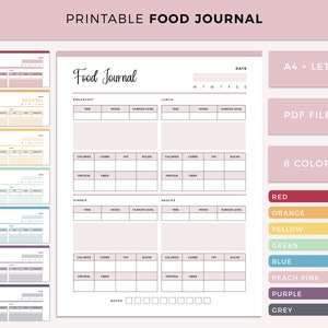 Printable Food Journal, Food Tracker, Daily Food Diary, Daily Food Log, Meal Log, Diet Diary and Record, A4 and Letter size pages
