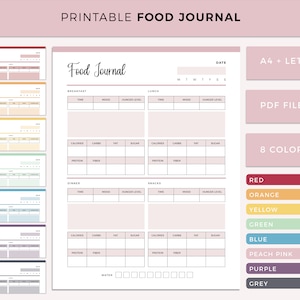 Printable Food Journal, Food Tracker, Daily Food Diary, Daily Food Log, Meal Log, Diet Diary and Record, A4 and Letter size pages