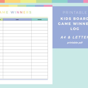 Printable Board Game winner tracker, game tracking log, games night score tracker, game scoresheet, A4 and US Letter sizes, kids & children