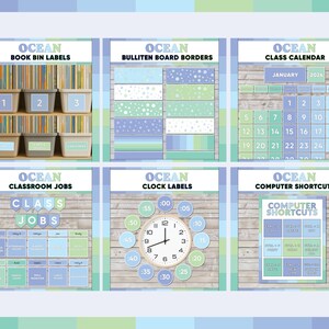 Ocean classroom management board in blue and green