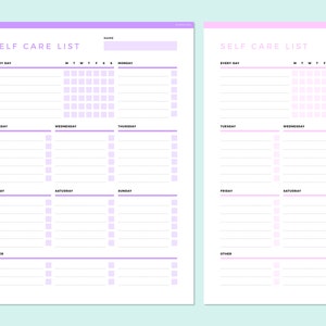 May include: Two printable self-care list templates with a light purple and pink color scheme. The templates include sections for "Every Day", "Monday", "Tuesday", "Wednesday", "Thursday", "Friday", "Saturday", "Sunday", and "Other".