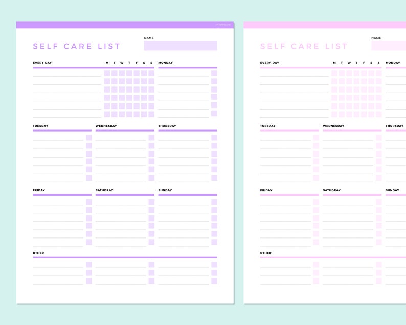 May include: Two printable self-care list templates with a light purple and pink color scheme. The templates include sections for "Every Day", "Monday", "Tuesday", "Wednesday", "Thursday", "Friday", "Saturday", "Sunday", and "Other".