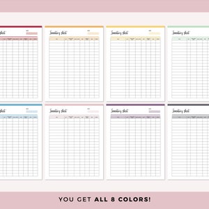 May include: Eight printable inventory sheets in different colours: burgundy, yellow, green, blue, pink, purple, grey, and light blue. Each sheet has the text "Inventory Sheet" at the top.