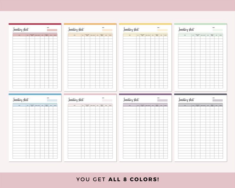 May include: Eight printable inventory sheets in different colours: burgundy, yellow, green, blue, pink, purple, grey, and light blue. Each sheet has the text "Inventory Sheet" at the top.