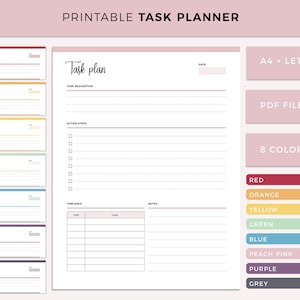 Puede incluir: Planificador de tareas imprimible con un diseño minimalista. La imagen muestra una hoja de planificador de tareas grande con secciones para la descripción de la tarea, los pasos de acción, el horario y las notas. También incluye tarjetas de plan de tareas más pequeñas en varios colores.