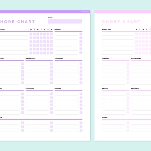 May include: Two printable chore charts with a purple and pink color scheme. The charts are divided into sections for "Every Day", "Monday", "Tuesday", "Wednesday", "Thursday", "Friday", "Saturday", "Sunday", and "Other".