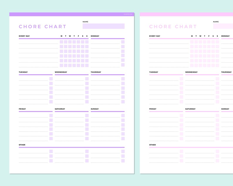 May include: Two printable chore charts with a purple and pink color scheme. The charts are divided into sections for "Every Day", "Monday", "Tuesday", "Wednesday", "Thursday", "Friday", "Saturday", "Sunday", and "Other".