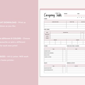 May include: Printable caregiving task checklist with sections for food and drink, hygiene, house hold tasks, exercise and activity, and health. The checklist includes columns for task, description, start time, end time, and check boxes.