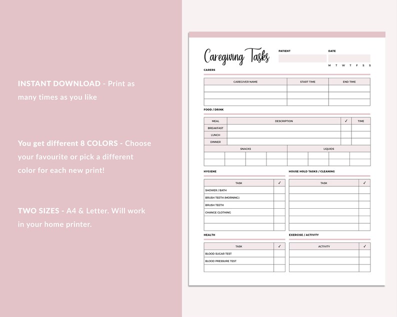 May include: Printable caregiving task checklist with sections for food and drink, hygiene, house hold tasks, exercise and activity, and health. The checklist includes columns for task, description, start time, end time, and check boxes.