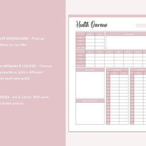 May include: Printable health overview tracker with sections for weight, measurements, challenges, workouts, and monthly goals. The tracker is designed in a light pink color scheme.