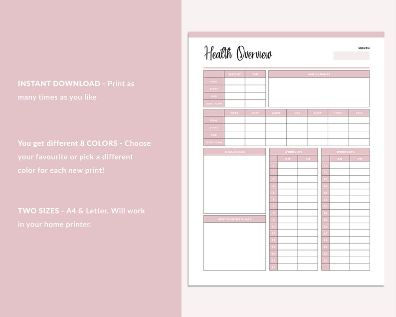May include: Printable health overview tracker with sections for weight, measurements, challenges, workouts, and monthly goals. The tracker is designed in a light pink color scheme.