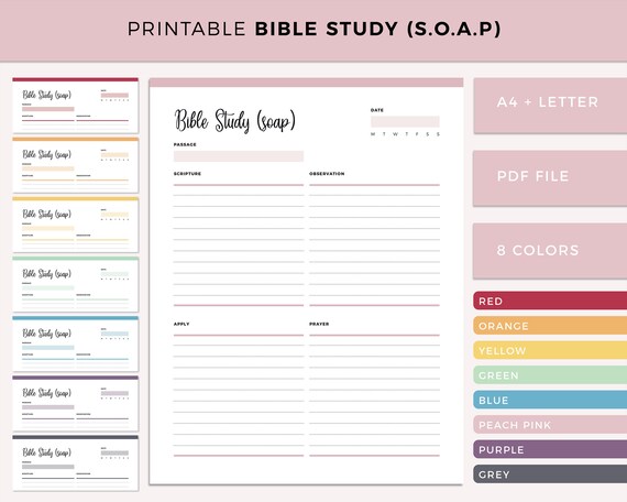 Printable Bible Study, SOAP Bible Study, Scripture, Observation, Apply, Prayer, bible journaling, bible planner, A4 and Letter