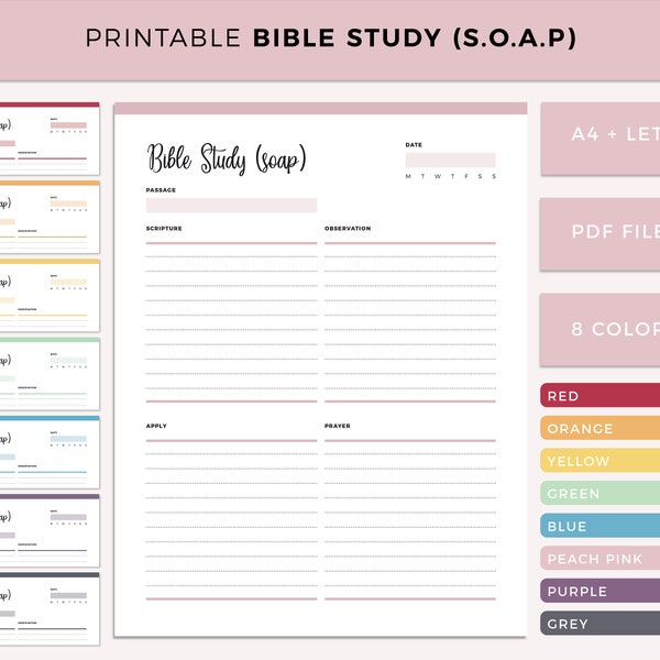 Printable Bible Study, SOAP Bible Study, Scripture, Observation, Apply, Prayer, bible journaling, bible planner, A4 and Letter