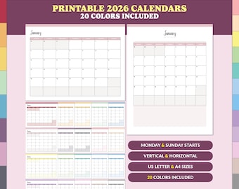 Puede incluir: Calendarios imprimibles de 2026 en varios colores. La imagen muestra varios diseños de calendario, incluidos formatos verticales y horizontales, con el mes de enero mostrado. Los calendarios están disponibles en tamaños US Letter y A4, con 20 colores incluidos.