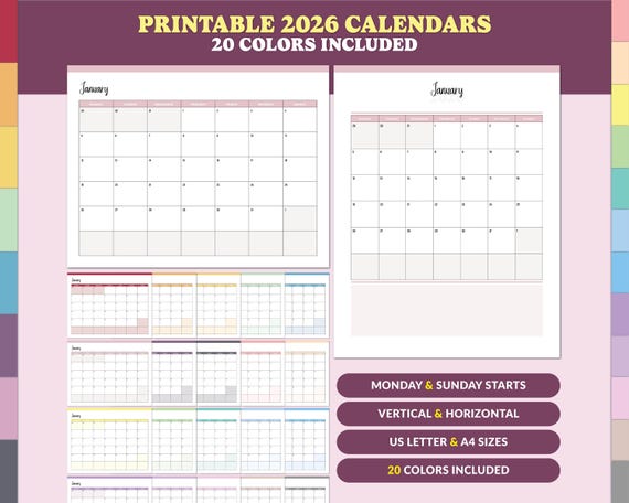 Calendar 2026 - Printable 2026 Calendar - 2026 Wall Calendar - Monthly Calendar - Horizontal Calendar - Vertical Calendar