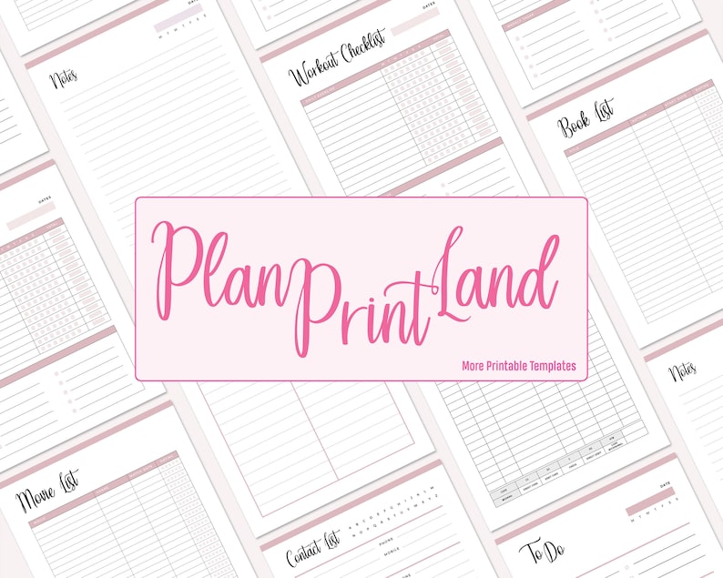 Plan Print Land logo in pink over an angled display of matching printable planner pages including notes, workout checklist, book list, movie list, contact list and to do templates that coordinate with the printable period tracker.