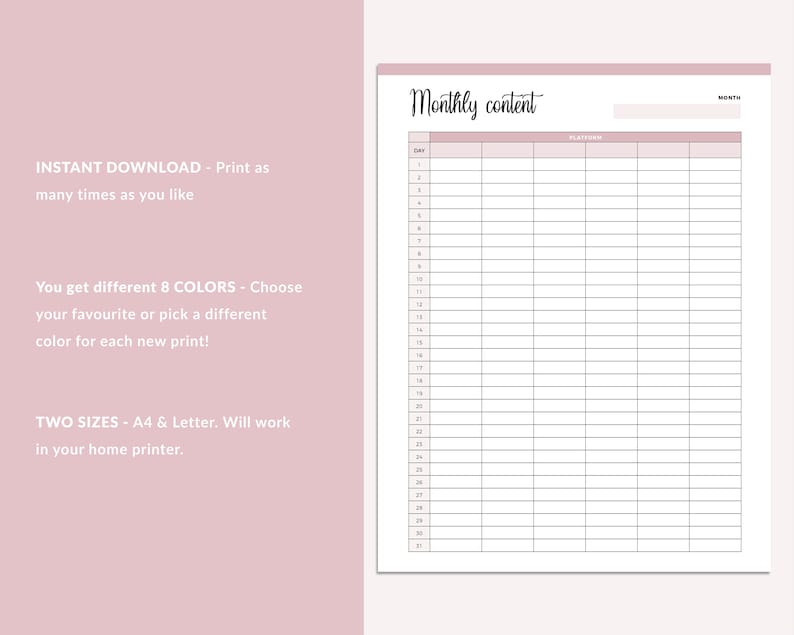 May include: Printable monthly content planner with columns for day and platform. The planner has a pink background and the text "Monthly content" is written in black cursive.