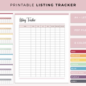 May include: Printable listing tracker in 8 colours: red, orange, yellow, green, blue, peach pink, purple, and grey. The tracker includes columns for listing, best price, SKU, quantity, price, list date, expiry date, and sold date. The tracker is available in A4 and letter sizes and in PDF format.
