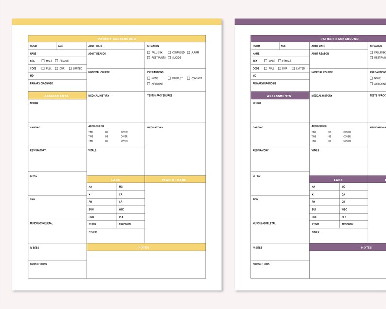 Yellow and purple rn report sheets side by side, printable PDF