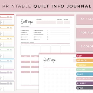 Printable Quilt Information Tracker, Quilt Journal, Quilt Fabric Swatches Tracker, Quilt Design Tracker, Quilting Log, Quilt Planner
