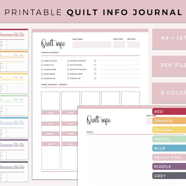 Printable Quilt Information Tracker, Quilt Journal, Quilt Fabric Swatches Tracker, Quilt Design Tracker, Quilting Log, Quilt Planner