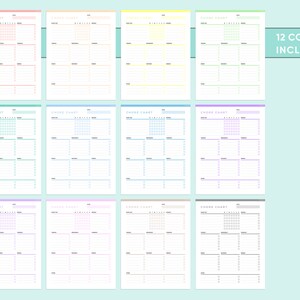 May include: Twelve printable chore charts in different pastel colors. Each chart has a calendar, a list of chores, and a space for checking off completed tasks.