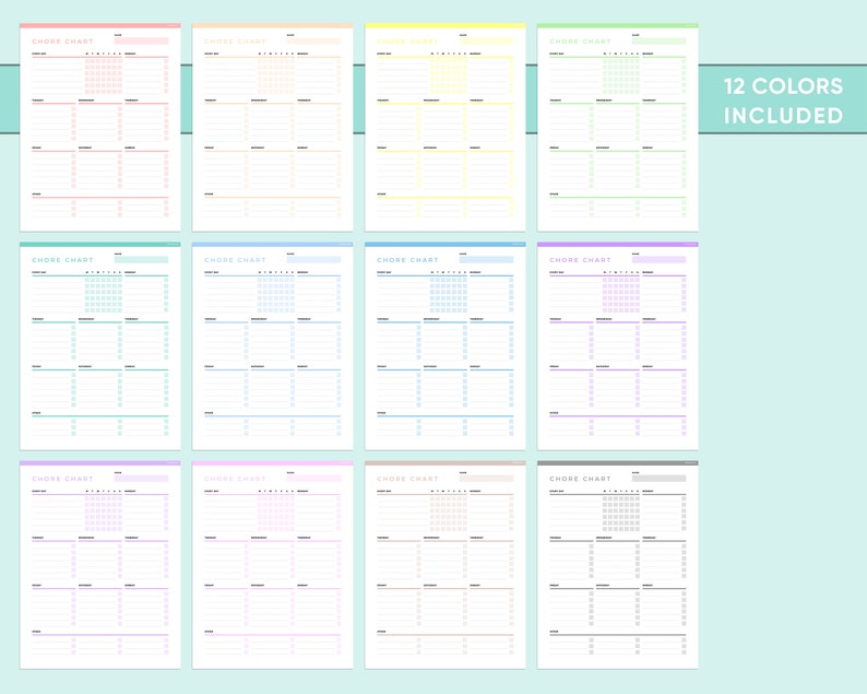 May include: Twelve printable chore charts in different pastel colors. Each chart has a calendar, a list of chores, and a space for checking off completed tasks.