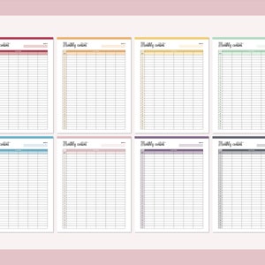 May include: Eight printable monthly calendar pages in different colors: red, orange, yellow, green, blue, pink, purple, and gray. Each page has a header that says "Monthly content" and is divided into 31 numbered squares.