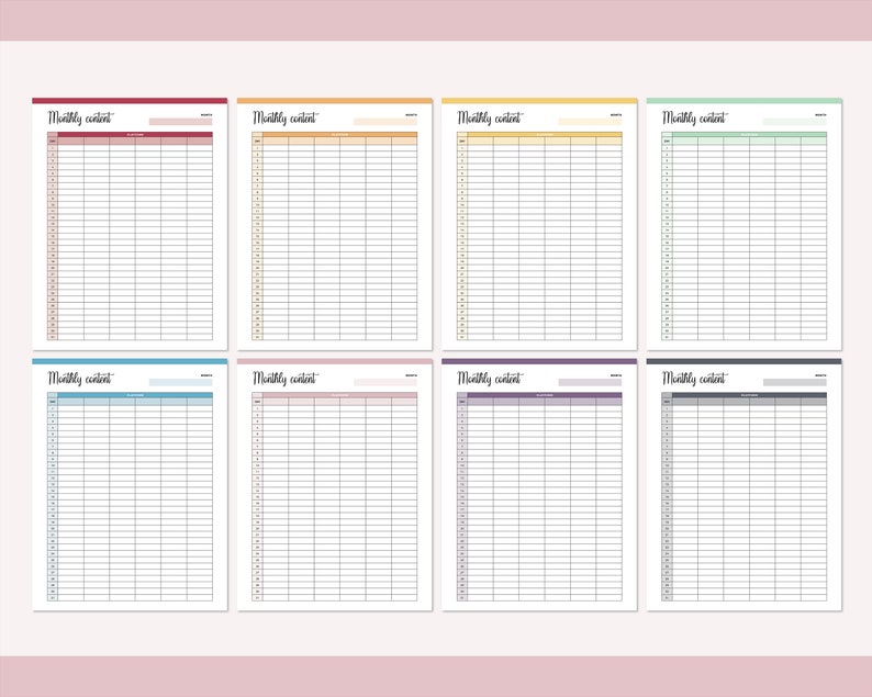 May include: Eight printable monthly calendar pages in different colors: red, orange, yellow, green, blue, pink, purple, and gray. Each page has a header that says "Monthly content" and is divided into 31 numbered squares.