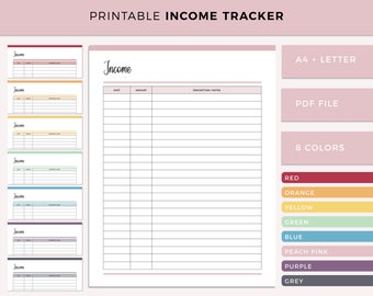 May include: Printable income tracker template in 8 colors: red, orange, yellow, green, blue, peach pink, purple, and grey. The template includes columns for date, amount, and description/notes. The template is available in A4 and Letter sizes and in PDF format.
