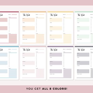May include: Eight printable weekly planner templates in different colors: pink, beige, yellow, green, blue, light pink, purple, and gray. Each template has a "This Week" title and sections for "Week of", "To Do", "Appointments", "Notes", and "Goals/Reminders".
