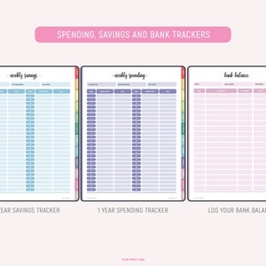 Three finance planner pages including weekly savings tracker in teal, weekly spending tracker in purple, and bank balance log in pink, each with multiple rows for tracking weekly financial data across the year.