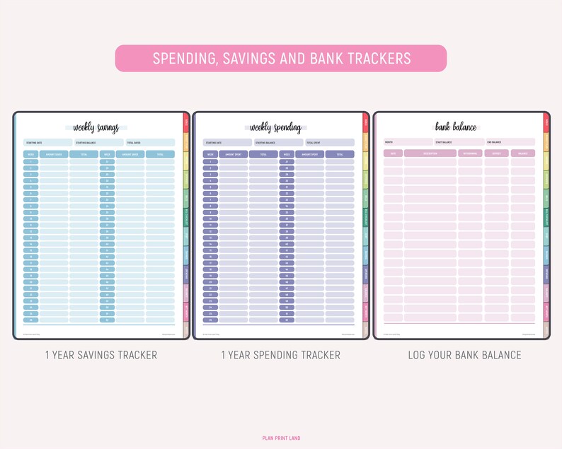 Three finance planner pages including weekly savings tracker in teal, weekly spending tracker in purple, and bank balance log in pink, each with multiple rows for tracking weekly financial data across the year.