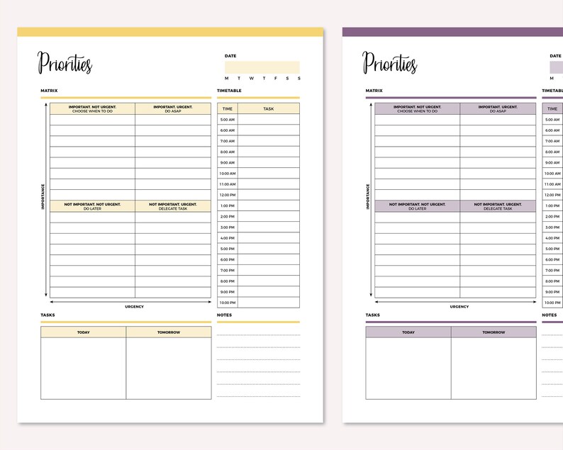 May include: A printable planner with a yellow and white color scheme. The planner is divided into sections for tasks, importance, urgency, and a timetable. The planner includes the words "Priorities" and "Matrix".