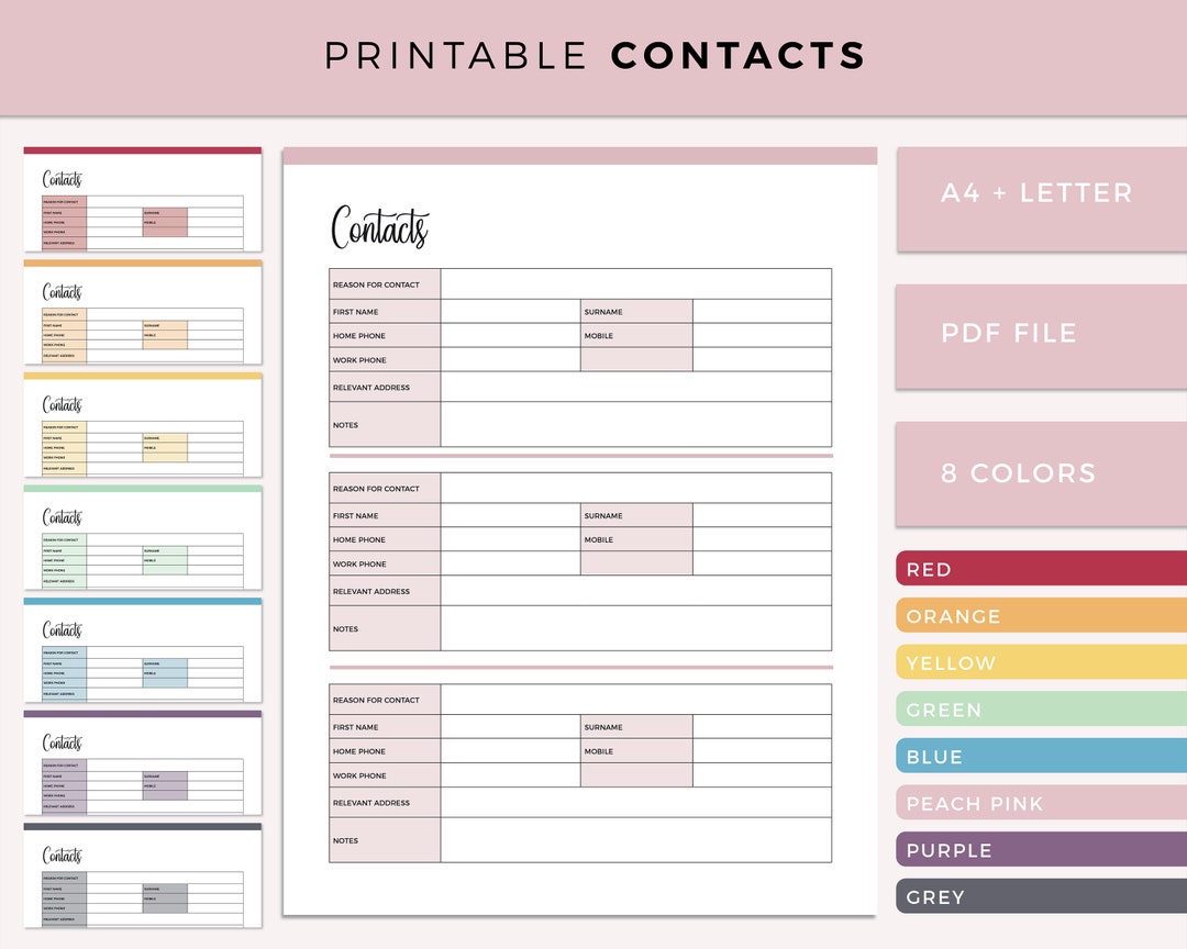 Printable Contact List, Print at Home Address Book, A4 and Letter Size ...