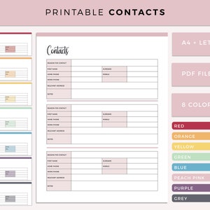 Printable contact list, print at home address book, A4 and Letter size printable contact sheet, Phone number, email and physical address