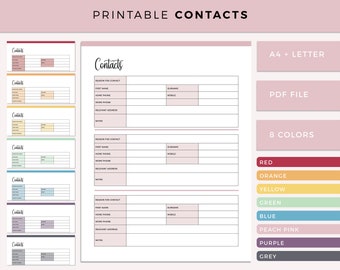 Printable contact list, print at home address book, A4 and Letter size printable contact sheet, Phone number, email and physical address