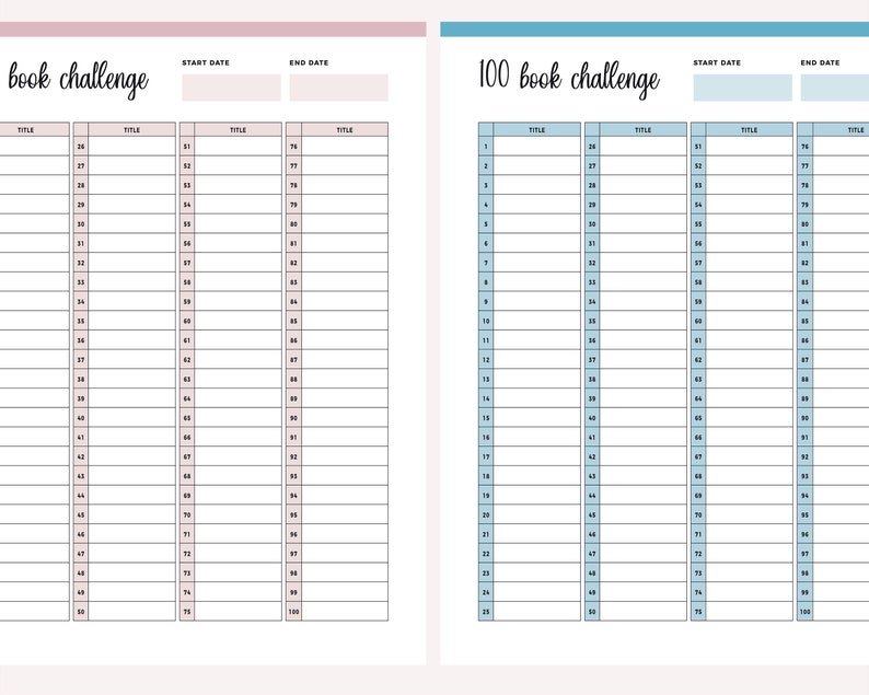 Printable 100 Book Challenge Reading Planner Book Reading - Etsy