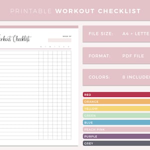 Printable Workout checklist, Print at home daily exercise list, Health and fitness daily habit planner template, healthy exercising template