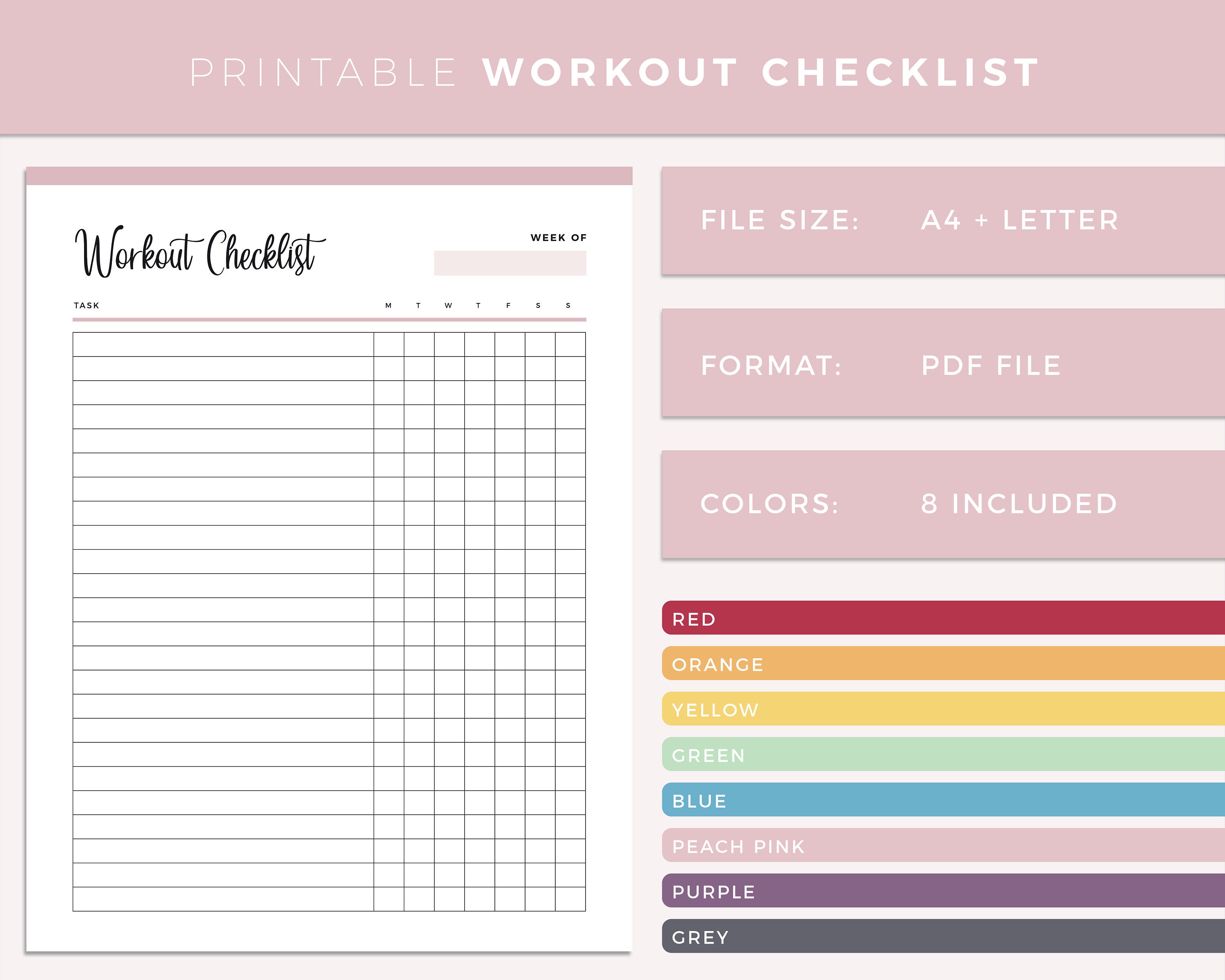 Printable Workout Checklist Print At Home Daily Exercise Etsy