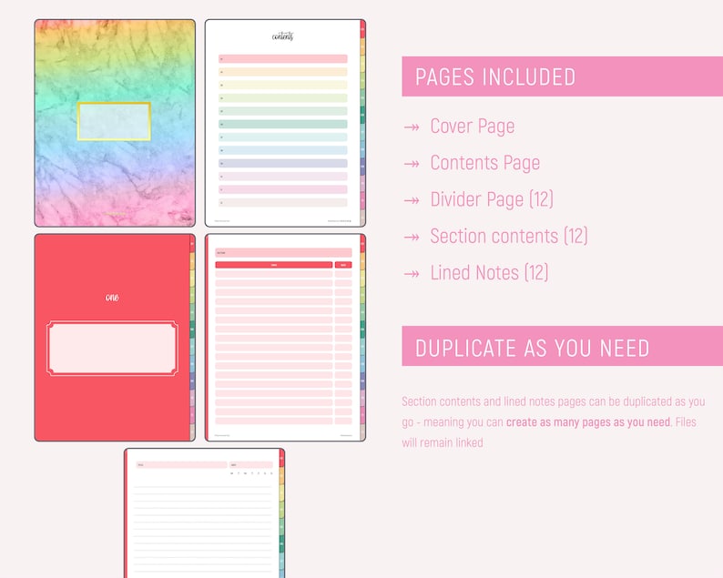 K&ouml;nnte beinhalten: Ein digitaler Planer mit einem Regenbogen-Marmor-Umschlag, einem roten Umschlag mit dem Wort "one" darauf, einer Inhaltsseite, einer Trennseite, einer Inhaltsseite f&uuml;r Abschnitte und einer Seite mit linierten Notizen. Der Planer enth&auml;lt 12 Trennseiten, 12 Inhaltsseiten f&uuml;r Abschnitte und 12 Seiten mit linierten Notizen. Die Seiten k&ouml;nnen nach Bedarf dupliziert werden.