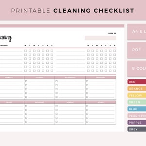 May include: Printable cleaning checklist with a pink background. The checklist includes daily cleaning tasks, a weekly cleaning schedule, and a section for notes. The checklist is available in A4 and letter sizes, in PDF format, and in 8 colors: red, orange, yellow, green, blue, peach pink, purple, and grey.