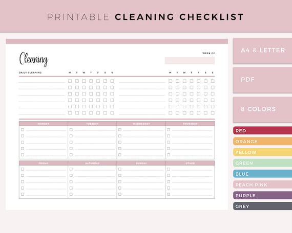 Printable Daily Cleaning Checklist, Declutter Tracker, Cleaner Planner, Cleaning To Do List, Family Planner, Household Schedule A4 / Letter