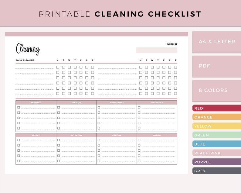 Pink daily cleaning checklist printable with weekly sections for Monday through Sunday, featuring checkbox columns for M-T-W-T-F-S-S tracking, available in 8 colors including red, orange, yellow, green, blue, pink, purple, and grey.