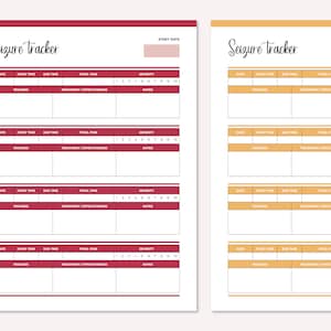 May include: Printable seizure tracker log with two pages. The left page is red and the right page is yellow. Each page has a table with columns for date, start time, end time, total time, triggers, treatment/effectiveness, severity, and notes.