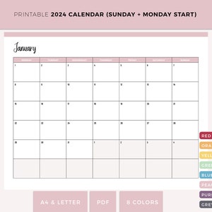 Printable 2024 Calendar, 2024 Monthly Planner, monthly calendar, Sunday start, Monday Start, landscape calendar, A4 and Us Letter size,