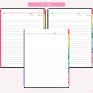 K&ouml;nnte beinhalten: Drei leere druckbare Planerseiten mit regenbogenfarbenen Laschen. Die Seiten sind liniert und haben Platz f&uuml;r einen Titel und ein Datum. Die Laschen sind mit den Wochentagen beschriftet.