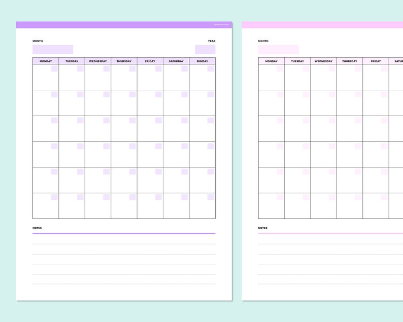 Two calendar templates in purple and pink variations showing the same blank monthly calendar template design with weekday columns and editable note areas.