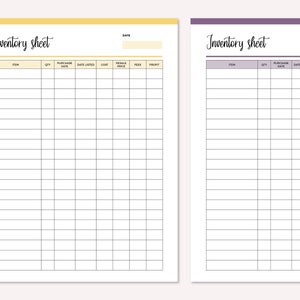 May include: Two printable inventory sheets with a yellow and purple header. The sheets are divided into columns with headings for item, quantity, purchase date, date listed, cost, resale price, fees, and profit.