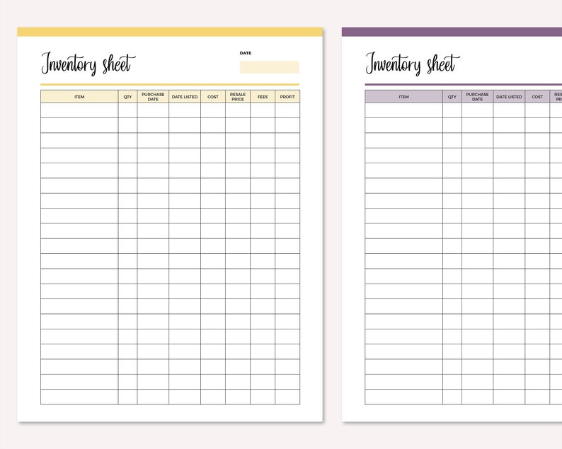 May include: Two printable inventory sheets with a yellow and purple header. The sheets are divided into columns with headings for item, quantity, purchase date, date listed, cost, resale price, fees, and profit.